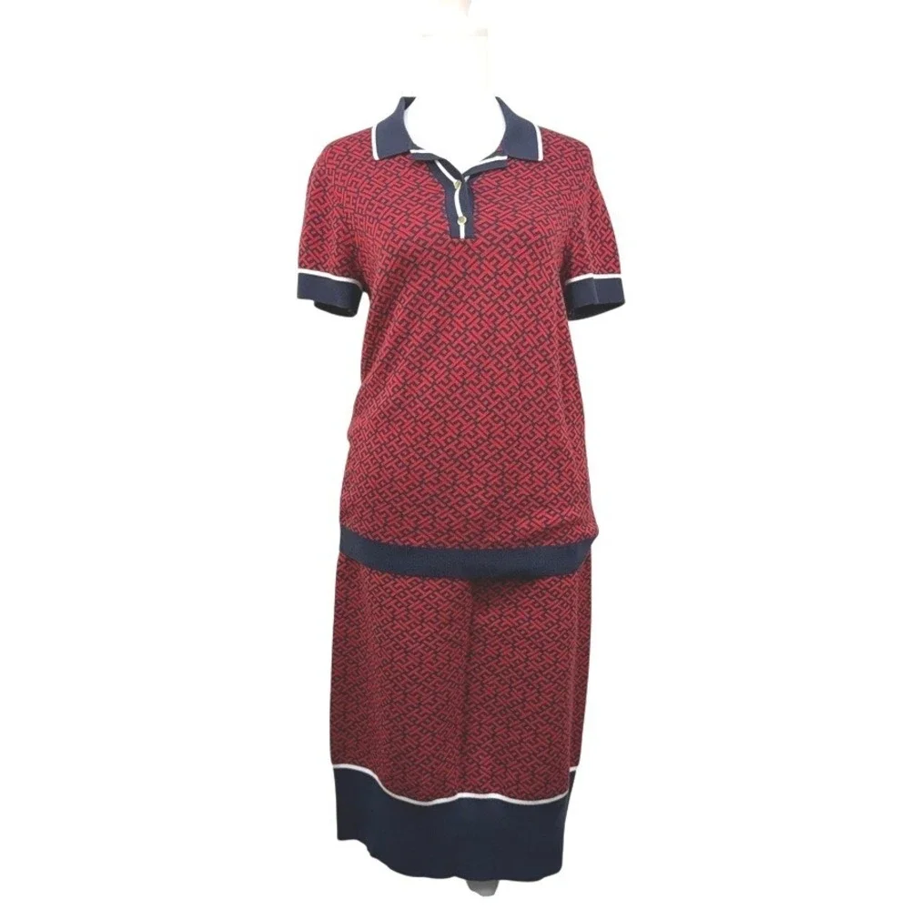 Tommy Hilfiger Knit Polo Top and Skirt Set Red Navy Geometric Preppy‎ Medium